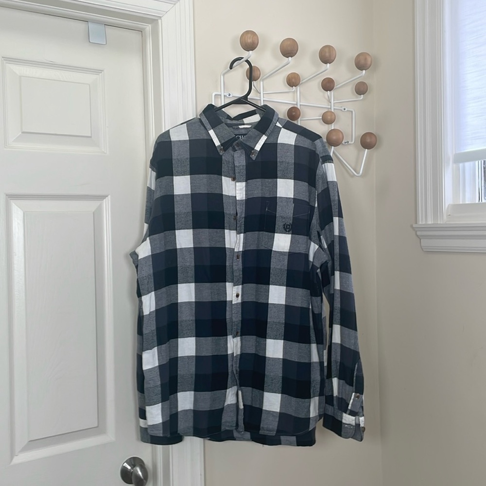 Chaps - Oversized Baggy Casual Performance Button Down Shirt - Black White XL